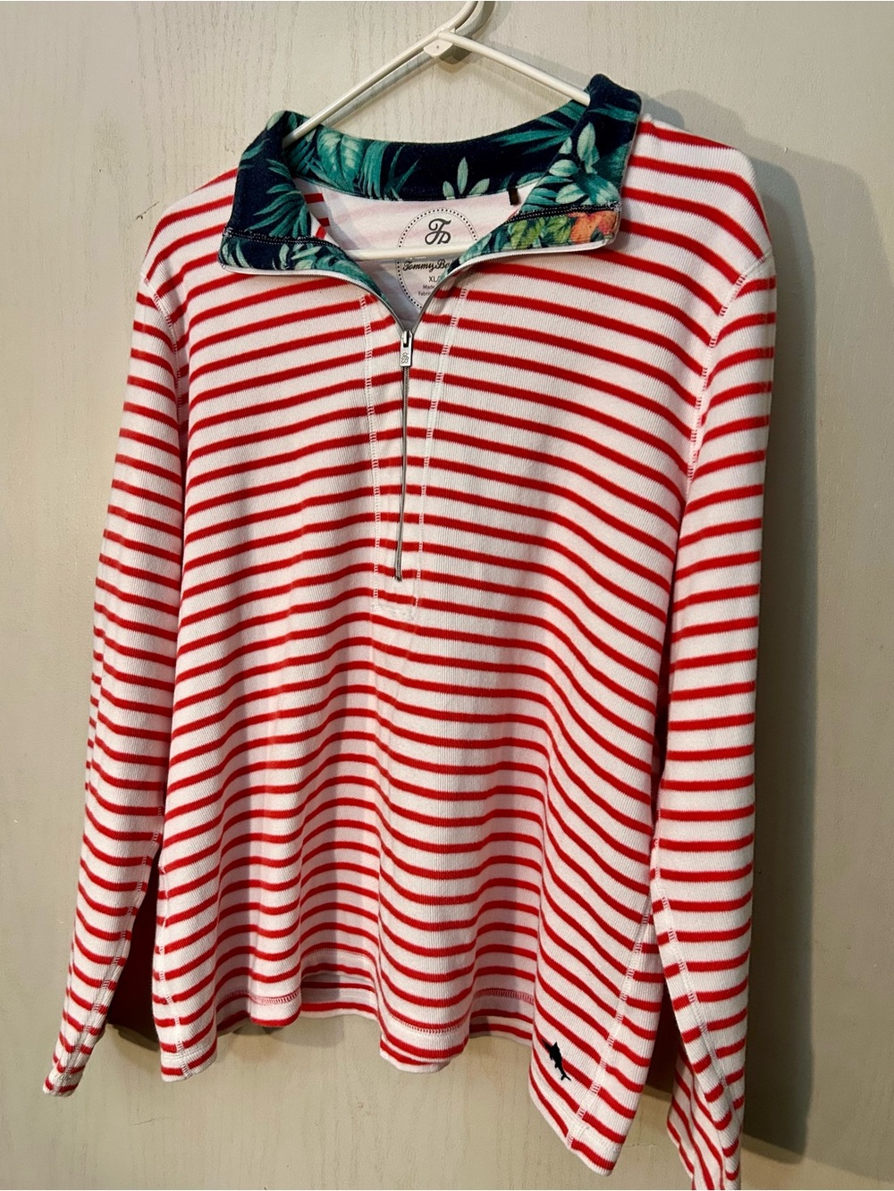 Tommy Bahama Striped Quarter Zip Pullover XL Red White Tropical Collar
